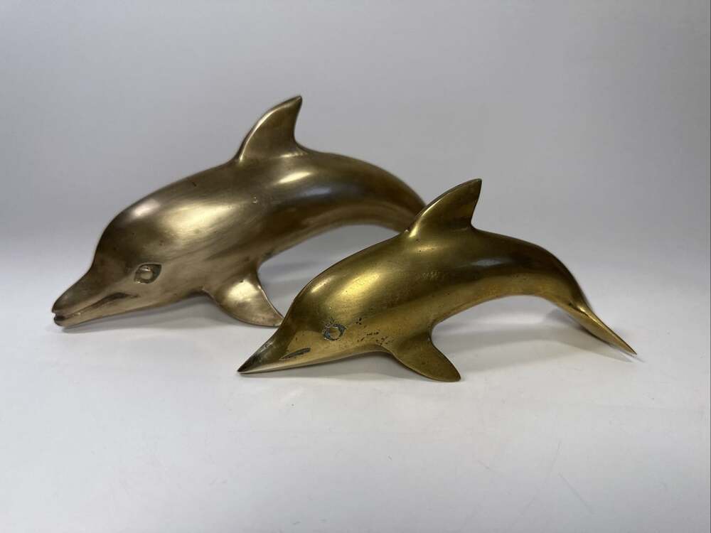 Set Of Two Vintage Brass Dolphins Mom And Baby 8.5” 6.5” L2